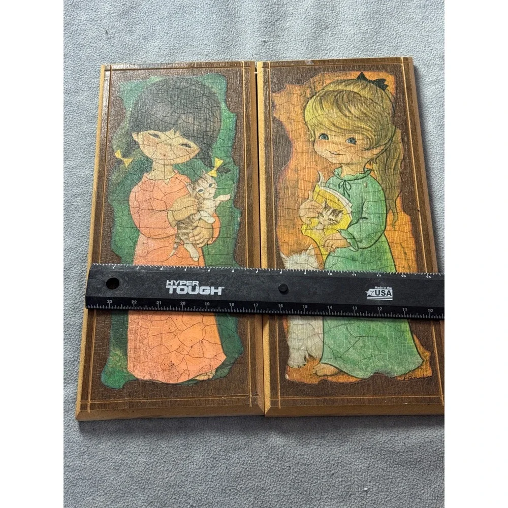 Vintage Big Eye Girl Wood Wall Plaques Set of 2 Londi 1970s Retro Kitsch Decor